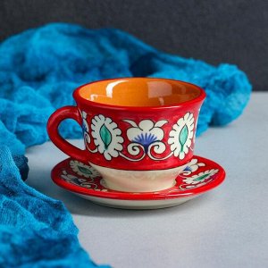 Кофейная пара Шафран Риштанская Керамика, 2 предмета: чашка 100 мл, блюдце d=10 см, красная