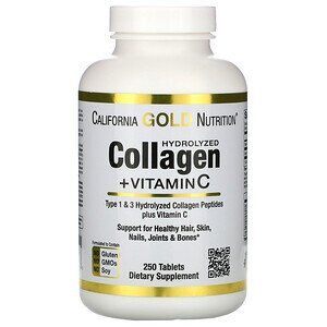 California Gold Nutrition, пептиды гидролизованного коллагена с витамином C, тип 1 и 3, 250 таблеток