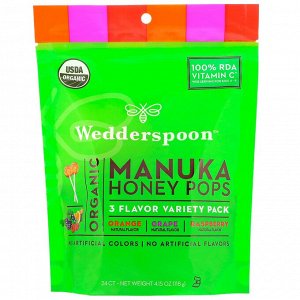 Wedderspoon, Органические леденцы с медом манука, ассорти из 3 вкусов, 24 леденца, 118 г (4,15 унции)