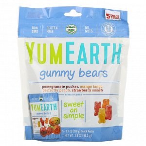 YumЕarth, Жевательные мишки, вкусы в ассортименте, 5 упаковок снеков, вес каждой 19,8 г (0,7 унции)