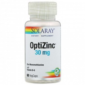 ОптиЦинк Solaray, ОптиЦинк, 30 мг, 60 вегетарианских капсул
 содержит патентованный комплекс 1:1 цинка и метионина, аминокислоты, оптимально поглощаемой организмом. Исследования показывают, что OptiZi