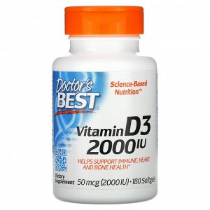 Doctor's Best, витамин D3, 50 мкг (2000 МЕ), 180 капсул