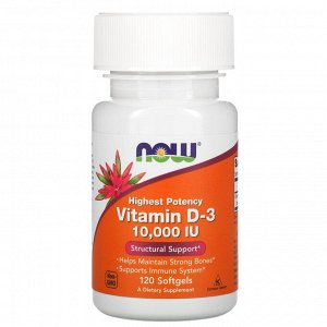 Now Foods, высокоактивный витамин D-3, 10 000 МЕ, 120 капсул