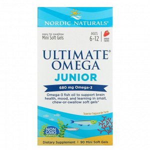 Nordic Naturals, Ultimate Omega Junior, для детей от 6 до 12 лет, со вкусом клубники, 680 мг, 90 мини-капсул