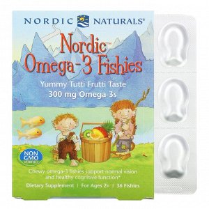 Nordic Naturals, Nordic Omega-3 Fishies, рыбки с омега-3, для детей от 2 лет, вкус тутти-фрутти, 300 мг, 36 рыбок