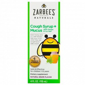 Zarbee&#039;s, детский сироп от кашля с отхаркивающим действием, с темным медом и листом плюща, с натуральным вкусом винограда, для детей возрастом 12 месяцев и старше, 118 мл (4 жидк. унции)