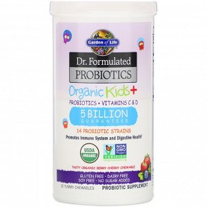 Garden of Life, Dr. Formulated Probiotics, Organic Kids +, со вкусом органических ягод и вишни, 30 вкусных жевательных таблеток