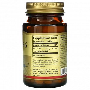 Solgar, витамин В6, 25 мг, 100 таблеток