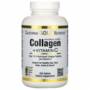 California Gold Nutrition, пептиды гидролизованного коллагена с витамином C, тип 1 и 3, 250 таблеток