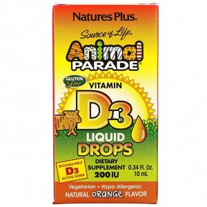 Nature's Plus, Source of Life, «Парад животных», витамин D3, жидкие капли, натуральный апельсиновый вкус, 200 МЕ, 0,34 жидк. унц