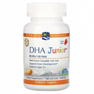 Nordic Naturals, ДГК Junior, клубника, для детей старше 3 лет, 250 мг, 180 мягких желатиновых капсул