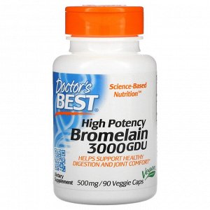 Doctor's Best, высокоэффективный бромелаин, 3000 GDU, 500 мг, 90 растительных капсул