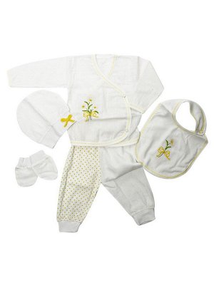 Набор для новорожденного: кофточка, штанишки, шапочка, слюнявчик, рукавички.