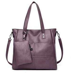 Кожаная большая сумка + кошелек, светло-фиолетовая