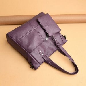 Кожаная большая сумка + кошелек, светло-фиолетовая