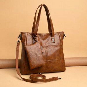 Кожаная большая сумка + кошелек, коричневая