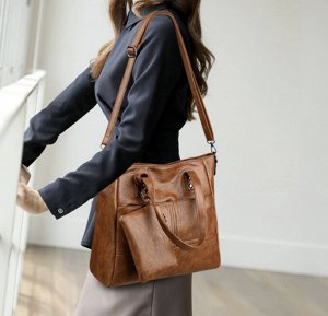 Кожаная большая сумка + кошелек, коричневая