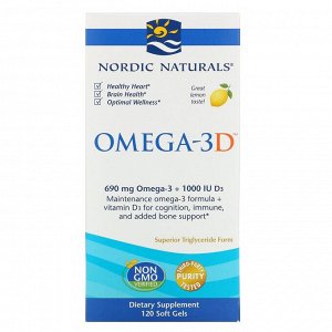 Nordic Naturals, Omega-3D, со вкусом лимона, 1000 мг, 120 мягких желатиновых капсул