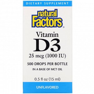 Natural Factors, Витамин D3 в каплях, без ароматизаторов, 25 мкг (1000 МЕ), 15 мл (0,5 жидкой унции)