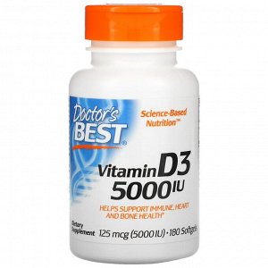 Витамин D3 Doctor's Best, Лучший витамин D3, 5000 международных единиц, 180 мягких капсул. Витамин D3 (холекальциферол) является критически важным для многих функций организма. Витамин D3, помимо проч