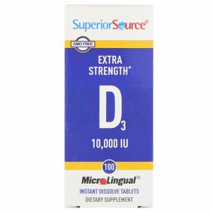 Superior Source, Витамин D3 Extra Strength, 10 000 МЕ, 100 быстрорастворимых таблеток MicroLingual