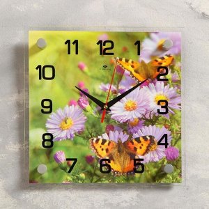 Часы настенные, серия: Цветы, "Бабочки на цветках", 25х25  см, микс