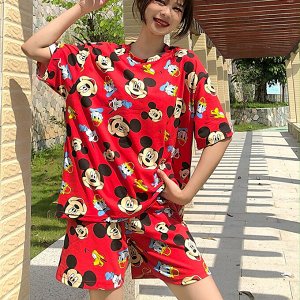 Женский летний костюм(футболка и шорты), принт "Микки Маус", цвет красный