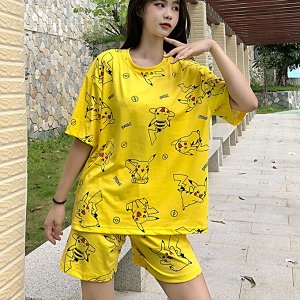 Женский летний костюм(футболка и шорты), принт "Пикачу", цвет желтый