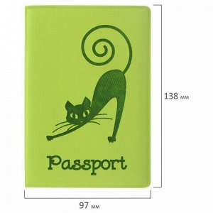 Обложка для паспорта STAFF, мягкий полиуретан, "Кошка", салатовая, 237614
