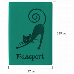 Обложка для паспорта STAFF, мягкий полиуретан, &quot;Кошка&quot;, бирюзовая, 237616