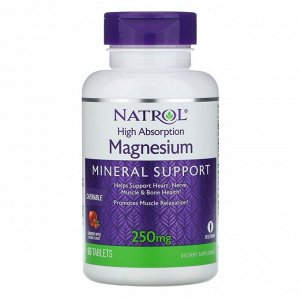 Natrol, магний с высоким усвоением, натуральный ароматизатор «Клюква и яблоко», 250 мг, 60 таблеток