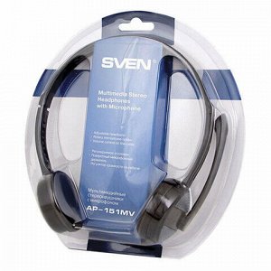 Наушники с микрофоном (гарнитура) SVEN AP-151MV, провод 1,2 м, с оголовьем, черные, SV-015411