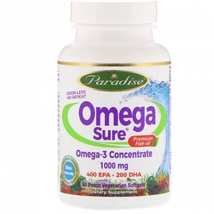 Paradise Herbs, Omega Sure, концентрат омега-3, 1000 мг, 60 вегетарианских капсул (из рыбного желатина)