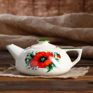 Чайник для заварки "Плоский", белый, деколь цветы, керамика, 0.75 л, микс