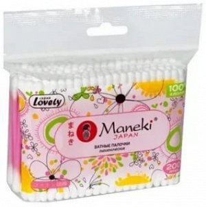 Палочки ватные гигиен. &quot;Maneki&quot; Lovely, с розовым пластиковым стиком, в zip-пакете,200шт