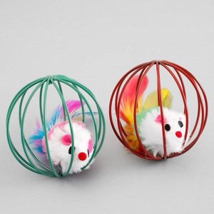 Игрушка Мышь в шаре с перьями, 6 см, микс цветов