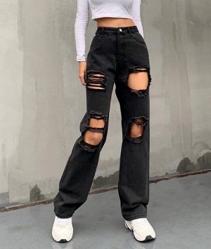 Женские широкие джинсы с дырками, цвет черный