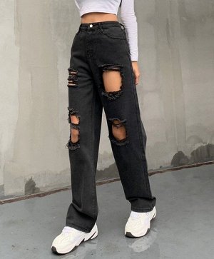 Женские широкие джинсы с дырками, цвет черный