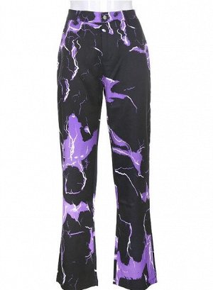 Женские широкие брюки, принт &quot;Молнии&quot;, цвет черный/фиолетовый