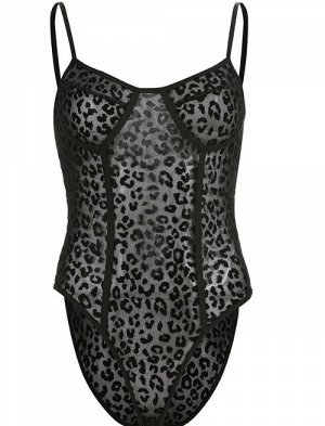 Женское прозрачное боди на тонких лямках, принт "Леопард", цвет черный