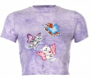 Женская укороченная футболка, принт &quot;Котята с крыльями&quot;, цвет сиреневый