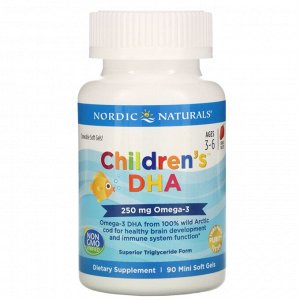 Nordic Naturals, Children&#039;s DHA, клубника, 250 мг, 90 мягких миникапсул