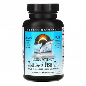 Source Naturals, Arctic Pure, омега-3 и рыбий жир, повышенная эффективность, 850 мг, 60 мягких таблеток