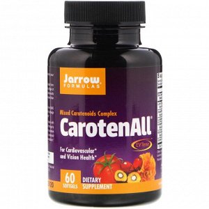 Каротин Jarrow Formulas, CarotenALL, комплекс из смеси каротиноидов, 60 мягких капсул. Для здоровья сердечно-сосудистой системы и глаз. Содержит Ликопин, Лютеин- защищает ткани глаза от окислительного