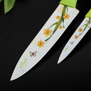 Набор кухонный Доляна «Нарцисс», 3 предмета: 2 ножа с антиналипающим покрытием, лезвие 12 см, овощечистка, 20x4 см, цвет зелёный