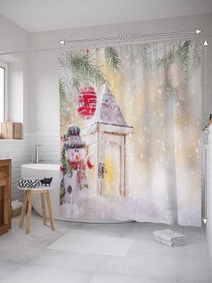 Штора (занавеска) для ванной «Веселый снеговик под елкой» из ткани, 180х200 см с крючками