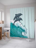 Штора (занавеска) для ванной «Дельфины против волны» из ткани, 180х200 см с крючками