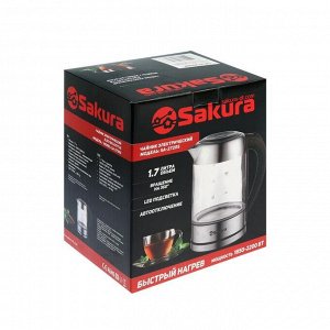 Чайник электрический Sakura SA-2720SBK, стекло, 1.7 л, 2200 Вт, серебристый