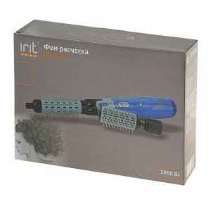 Фен-щетка Irit IR-3122, 1000 Вт, 1 скорость, 2 температурных режима, 2 насадки, синяя