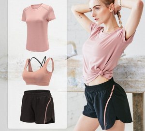 Спортивный женский костюм(футболка+шорты+топ), цвет розовый/черный